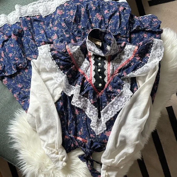 Vintage '70s Jessica McClintock Gunne Sax Navy/Pink Flower Dress - Picture 4 of 16